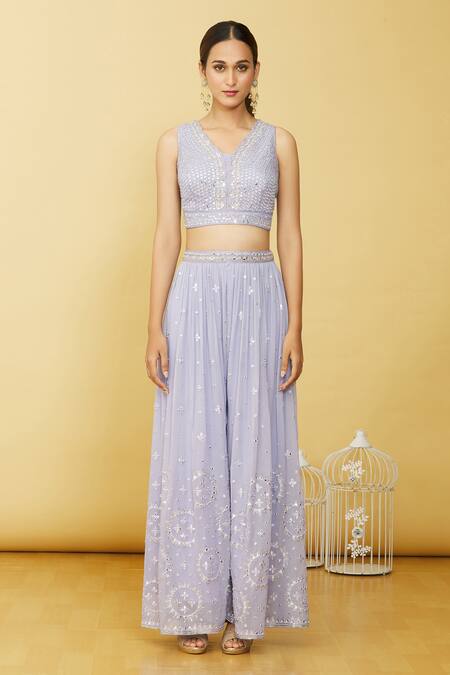 Adara Khan_Purple Georgette Mirror, Zardosi Crop Top Scalloped, Embroidered Palazzo Set_Online_at_Aza_Fashions