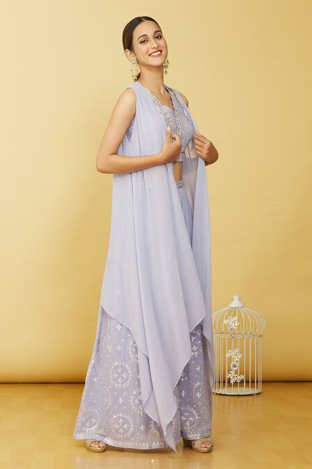 Buy_Adara Khan_Purple Georgette Mirror, Zardosi Crop Top Scalloped, Embroidered Palazzo Set_Online_at_Aza_Fashions