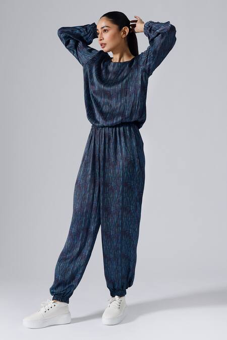 Buy_Klad_Blue Satin Printed Abstract Lines Round Top And Jogger Pant Set_Online_at_Aza_Fashions