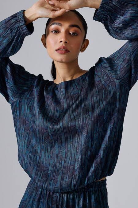 Klad_Blue Satin Printed Abstract Lines Round Top And Jogger Pant Set_at_Aza_Fashions