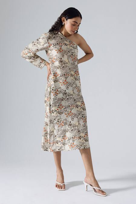 Klad_Ivory Cotton Printed Tropical One Shoulder And Garden Dress_Online_at_Aza_Fashions