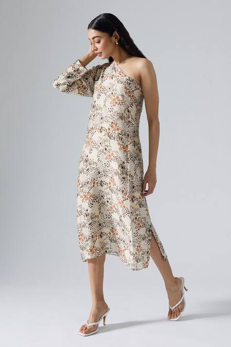 Buy_Klad_Ivory Cotton Printed Tropical One Shoulder And Garden Dress_Online_at_Aza_Fashions
