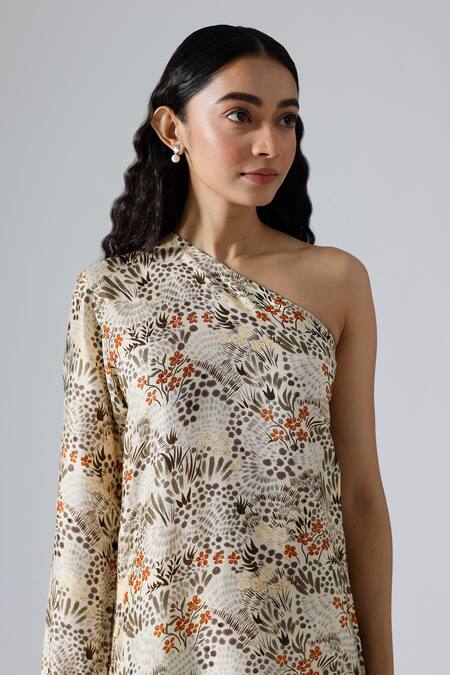 Shop_Klad_Ivory Cotton Printed Tropical One Shoulder And Garden Dress_Online_at_Aza_Fashions