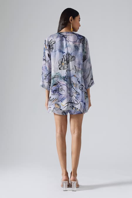 Shop_Klad_Blue Satin Printed Floral Square Neck Reflect Jacket Short Set_at_Aza_Fashions