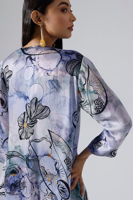 Buy_Klad_Blue Satin Printed Floral Square Neck Reflect Jacket Short Set_Online_at_Aza_Fashions