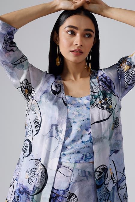 Shop_Klad_Blue Satin Printed Floral Square Neck Reflect Jacket Short Set_Online_at_Aza_Fashions