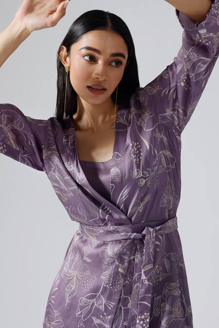Buy Purple Satin Printed Floral Square Neck Reverie Jacket Short