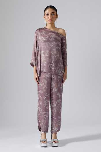 Klad_Pink Satin Printed Floral One Shoulder Top And Pant Set_Online_at_Aza_Fashions