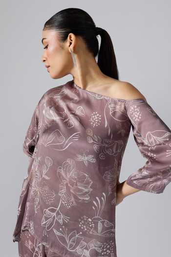 Shop_Klad_Pink Satin Printed Floral One Shoulder Top And Pant Set_Online_at_Aza_Fashions