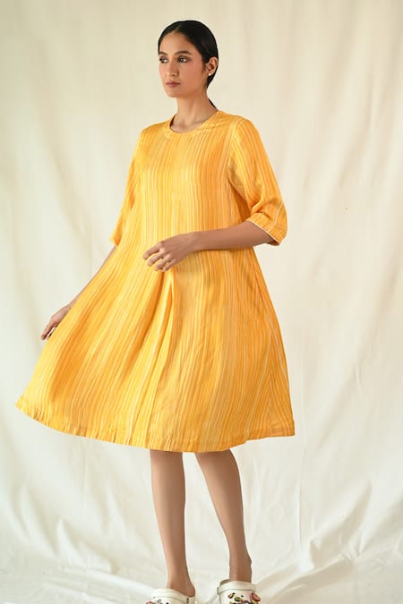 Til Yellow Cotton Satin Embroidery Round Neck Amber Stripe Hand Painted Dress 