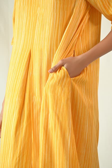 Til_Yellow Cotton Satin Embroidery Round Neck Amber Stripe Hand Painted Dress _Online_at_Aza_Fashions
