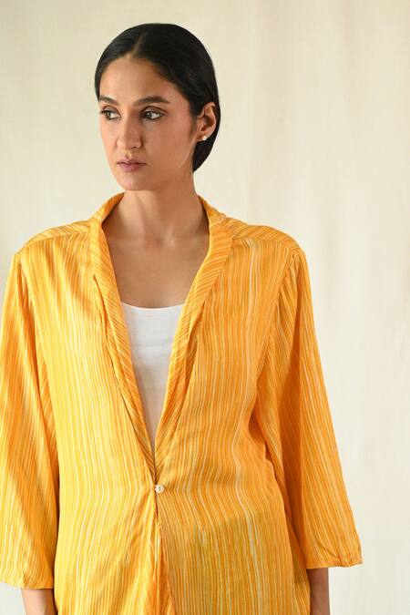Til_Yellow Cotton Satin Collared Amber Stripe Hand Painted Jacket _Online_at_Aza_Fashions