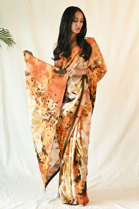 TIL Orange Cotton Silk Satin Hand Painted Abstract Floral Arbor Saree With Blouse