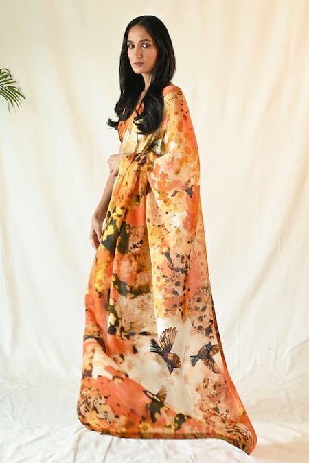 Buy_Til_Orange Cotton Satin Plunge Neck Arbor Hand Painted Saree With Blouse _Online_at_Aza_Fashions