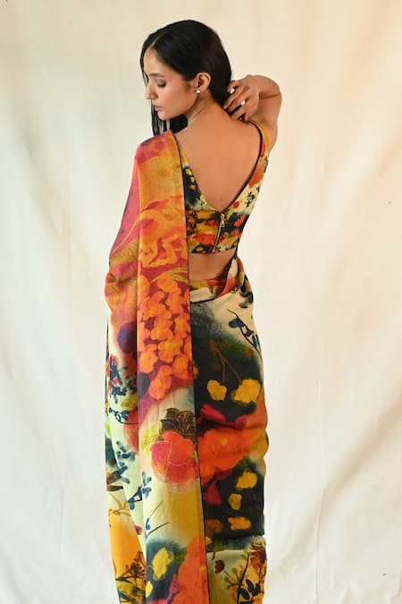 Shop_Til_Blue Cotton Satin Beads V-neck Fresco Hand Painted Saree With Blouse _at_Aza_Fashions