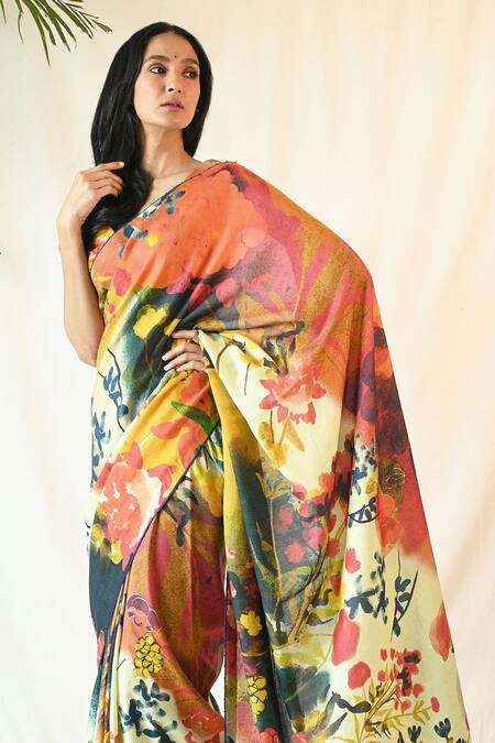 Til_Blue Cotton Satin Beads V-neck Fresco Hand Painted Saree With Blouse _Online_at_Aza_Fashions
