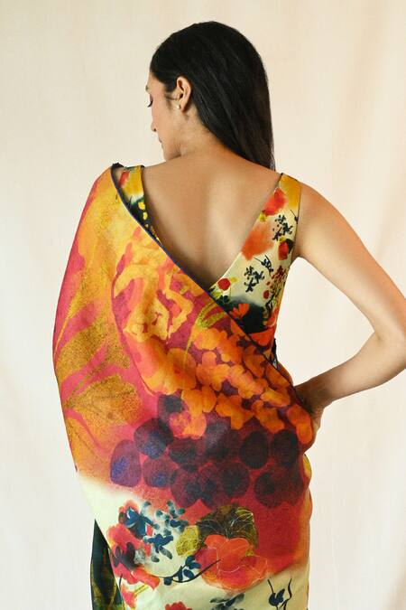 Buy_Til_Blue Cotton Satin Beads V-neck Fresco Hand Painted Saree With Blouse _Online_at_Aza_Fashions