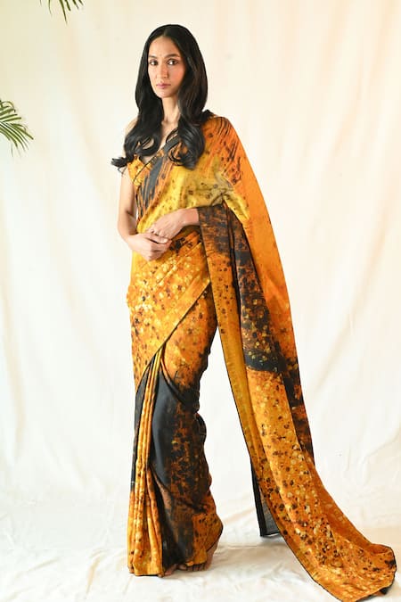 TIL Multi Color Cotton Silk Satin Hand Painted And Saree & Blouse Set