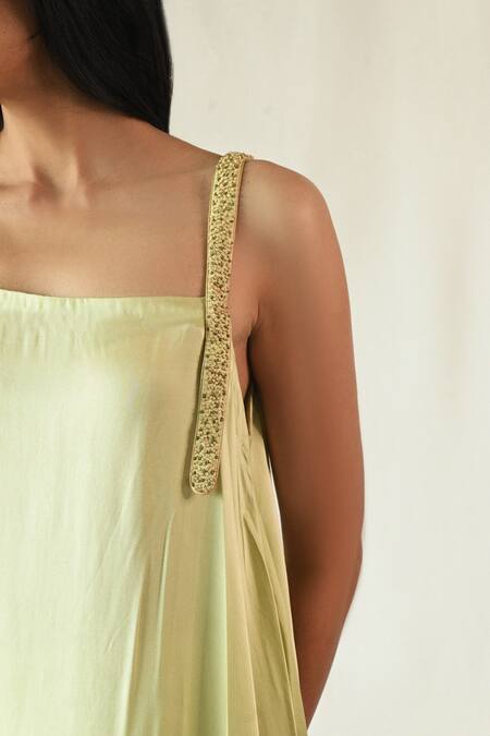 Til_Green Cotton Satin Beads Square Neck Luna Asymmetric Tunic And Pant Set_Online_at_Aza_Fashions