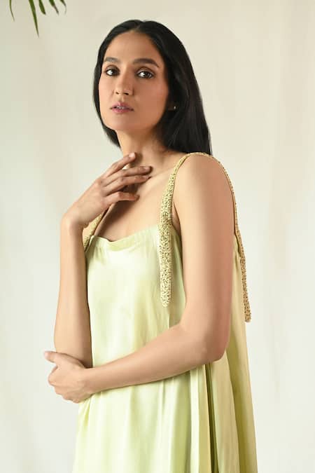 Buy_Til_Green Cotton Satin Beads Square Neck Luna Asymmetric Tunic And Pant Set_Online_at_Aza_Fashions