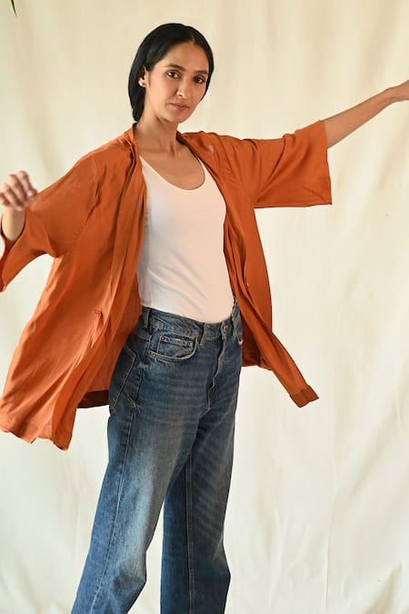 Til_Orange Cotton Satin Shawl Neck Mocca Draped Collar Overlay _Online_at_Aza_Fashions