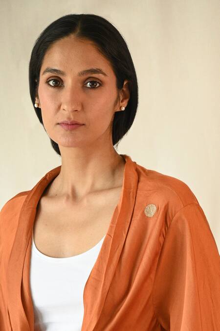 Buy_Til_Orange Cotton Satin Shawl Neck Mocca Draped Collar Overlay _Online_at_Aza_Fashions