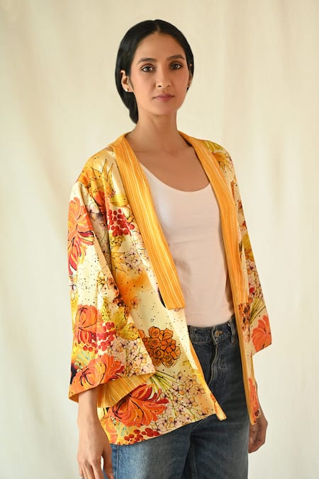 Til Multi Color Cotton Satin Collared Moth Floral Print Reversible Overlay 