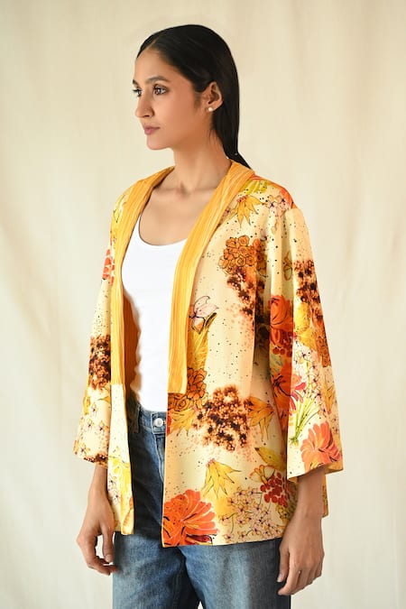 Til_Multi Color Cotton Satin Collared Moth Floral Print Reversible Overlay _Online_at_Aza_Fashions
