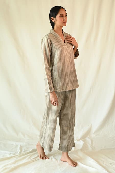 TIL Beige Cotton Silk Satin Hand Painted Stripe V Mud Top And Pant Set 