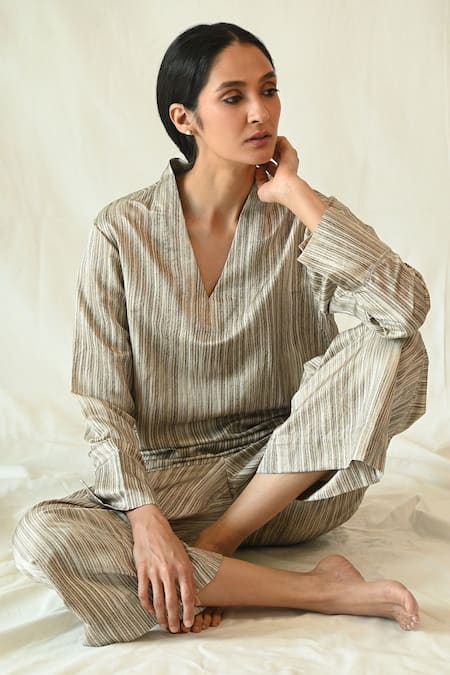 Til_Beige Cotton Satin V-neck Mud Stripe Print Top And Pant Set _Online_at_Aza_Fashions