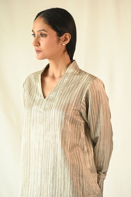 Buy_Til_Beige Cotton Satin V-neck Mud Stripe Print Top And Pant Set _Online_at_Aza_Fashions