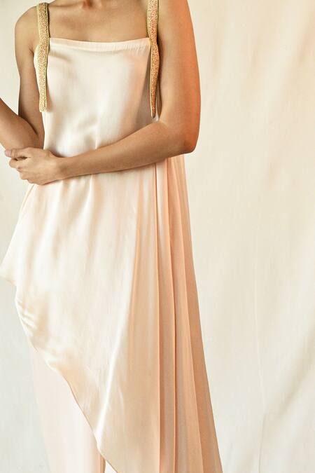 Til_Pink Cotton Satin Embroidery, Beads Powder Blush Asymmetric Tunic And Pant Set_Online_at_Aza_Fashions