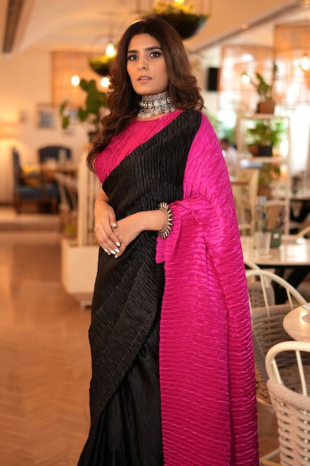 Shop SOBARIKO Black Satin Georgette Colorblock Textured Pattern Saree With Blouse at Aza Fashions Shop_SOBARIKO_Black Satin Georgette Colorblock Textured Pattern Saree With Blouse _at_Aza_Fashions