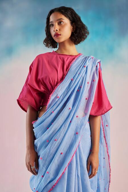 Ilk_Blue Embroidery Pom-pom Chanderi Saree _Online_at_Aza_Fashions