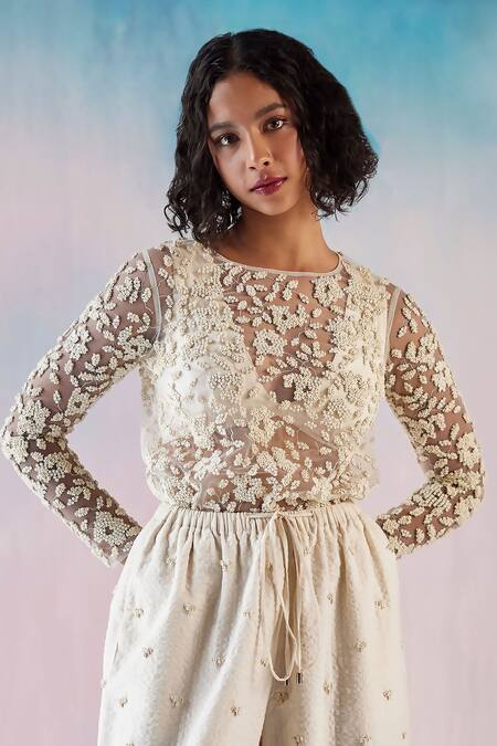 Buy_Ilk_Off White Cotton Embroidery Heart Round Flower Foam Top And Pant Set _Online_at_Aza_Fashions