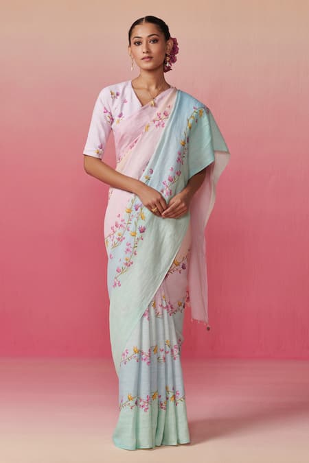 Dressfolk Bougainvillea Skies Linen Hand Woven Saree 