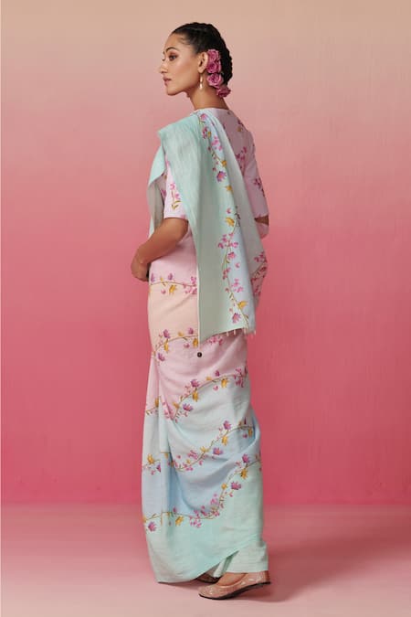 Shop Dressfolk Multi Color Linen Beads Bougainvillea Skies Handwoven Saree With Running Blouse at Aza Fashions Shop_Dressfolk_Multi Color Linen Beads Bougainvillea Skies Handwoven Saree With Running Blouse _at_Aza_Fashions