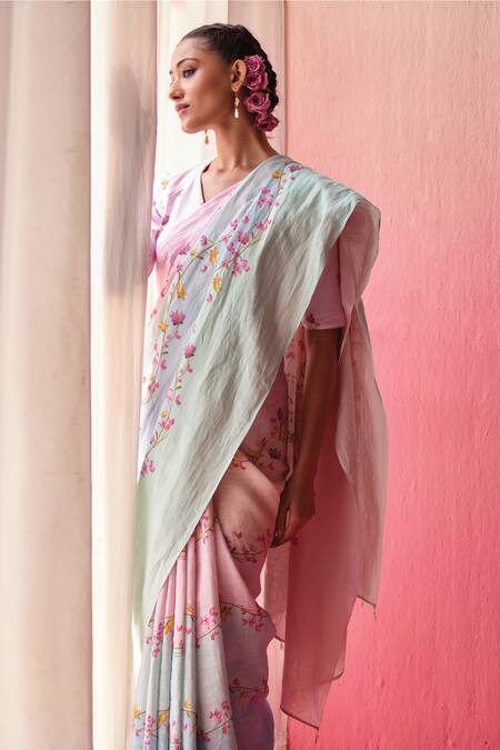 Dressfolk Multi Color Linen Beads Bougainvillea Skies Handwoven Saree With Running Blouse Online at Aza Fashions Dressfolk_Multi Color Linen Beads Bougainvillea Skies Handwoven Saree With Running Blouse _Online_at_Aza_Fashions