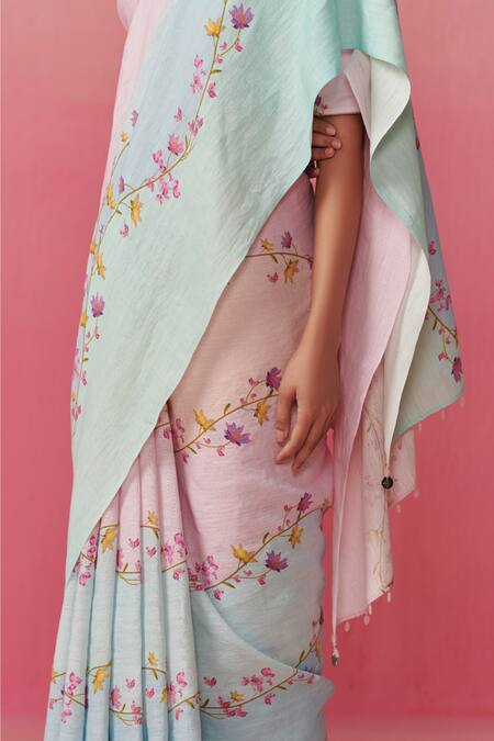 Buy Dressfolk Multi Color Linen Beads Bougainvillea Skies Handwoven Saree With Running Blouse Online at Aza Fashions Buy_Dressfolk_Multi Color Linen Beads Bougainvillea Skies Handwoven Saree With Running Blouse _Online_at_Aza_Fashions