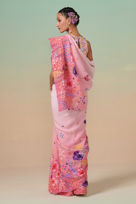 Shop Dressfolk Pink Linen Beads Floral Digital Printed Saree With Running Blouse at Aza Fashions Shop_Dressfolk_Pink Linen Beads Floral Digital Printed Saree With Running Blouse _at_Aza_Fashions
