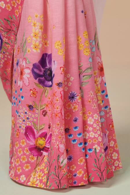 Dressfolk Pink Linen Beads Floral Digital Printed Saree With Running Blouse Online at Aza Fashions Dressfolk_Pink Linen Beads Floral Digital Printed Saree With Running Blouse _Online_at_Aza_Fashions