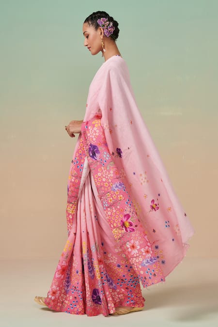 Buy Dressfolk Pink Linen Beads Floral Digital Printed Saree With Running Blouse Online at Aza Fashions Buy_Dressfolk_Pink Linen Beads Floral Digital Printed Saree With Running Blouse _Online_at_Aza_Fashions
