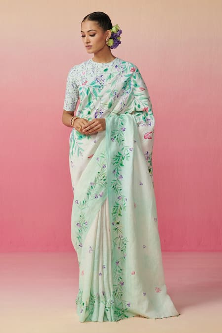 Buy HandwovenMulticolour printed linen saree Online at Best Prices in India  - Hecmo