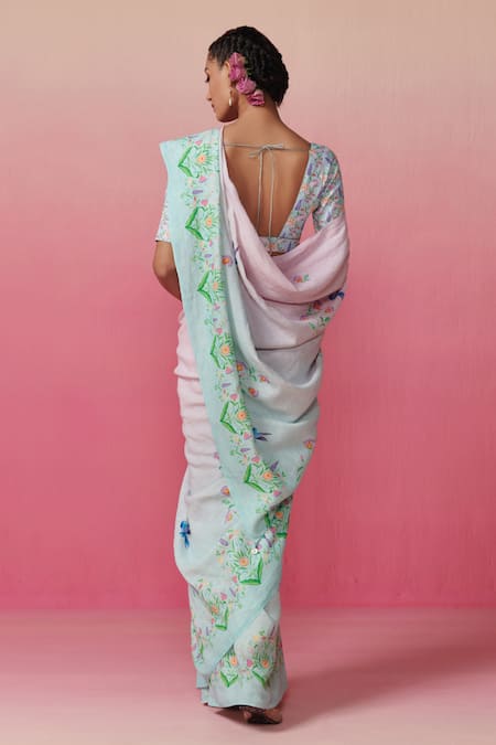 Shop Dressfolk Multi Color Linen Beads Multicolor Floral Bird Print Saree With Running Blouse at Aza Fashions Shop_Dressfolk_Multi Color Linen Beads Multicolor Floral Bird Print Saree With Running Blouse _at_Aza_Fashions