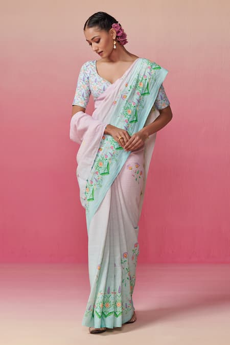 Women's Plain Weave Cotton Blend Bird Printed Saree with Blouse Piece –  Mirchi Fashion