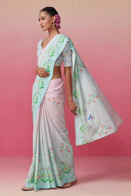 Buy Dressfolk Multi Color Linen Beads Multicolor Floral Bird Print Saree With Running Blouse Online at Aza Fashions Buy_Dressfolk_Multi Color Linen Beads Multicolor Floral Bird Print Saree With Running Blouse _Online_at_Aza_Fashions