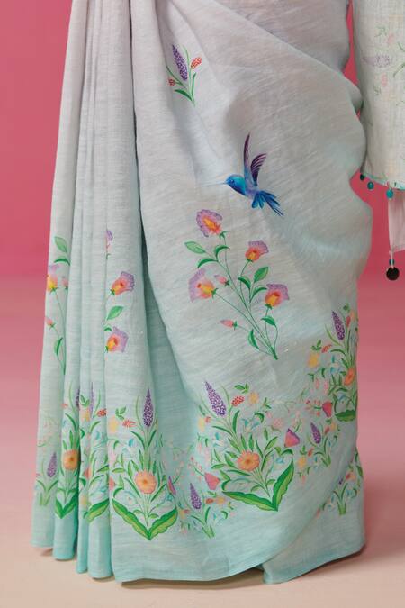 Shop Dressfolk Multi Color Linen Beads Multicolor Floral Bird Print Saree With Running Blouse Online at Aza Fashions Shop_Dressfolk_Multi Color Linen Beads Multicolor Floral Bird Print Saree With Running Blouse _Online_at_Aza_Fashions