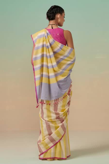 Shop Dressfolk Yellow Cotton Tassels Handwoven Stripe Saree With Running Blouse at Aza Fashions Shop_Dressfolk_Yellow Cotton Tassels Handwoven Stripe Saree With Running Blouse _at_Aza_Fashions