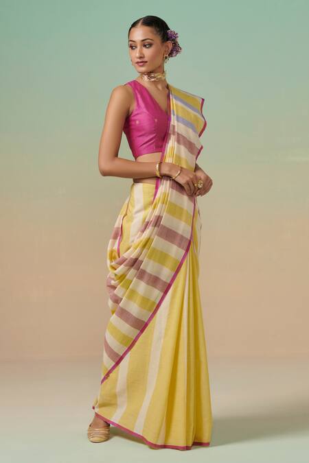 Dressfolk Yellow Cotton Tassels Handwoven Stripe Saree With Running Blouse Online at Aza Fashions Dressfolk_Yellow Cotton Tassels Handwoven Stripe Saree With Running Blouse _Online_at_Aza_Fashions