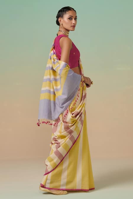 Shop Dressfolk Yellow Cotton Tassels Handwoven Stripe Saree With Running Blouse Online at Aza Fashions Shop_Dressfolk_Yellow Cotton Tassels Handwoven Stripe Saree With Running Blouse _Online_at_Aza_Fashions